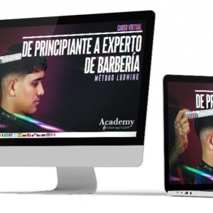 Mockup del curso de Barbería de Principiante a Experto en laptop, tablet y celular mostrando técnicas de corte y peinado.